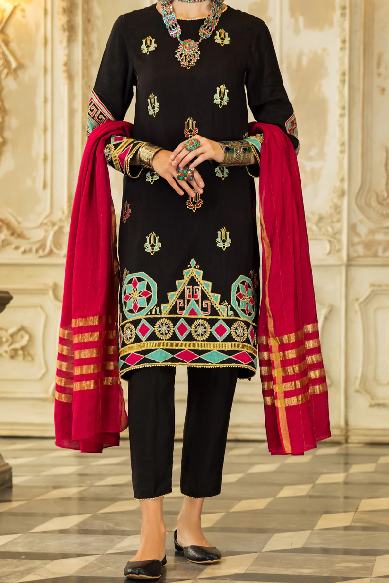 Black Raw Silk Embroidered 3 Piece Suit for Girls