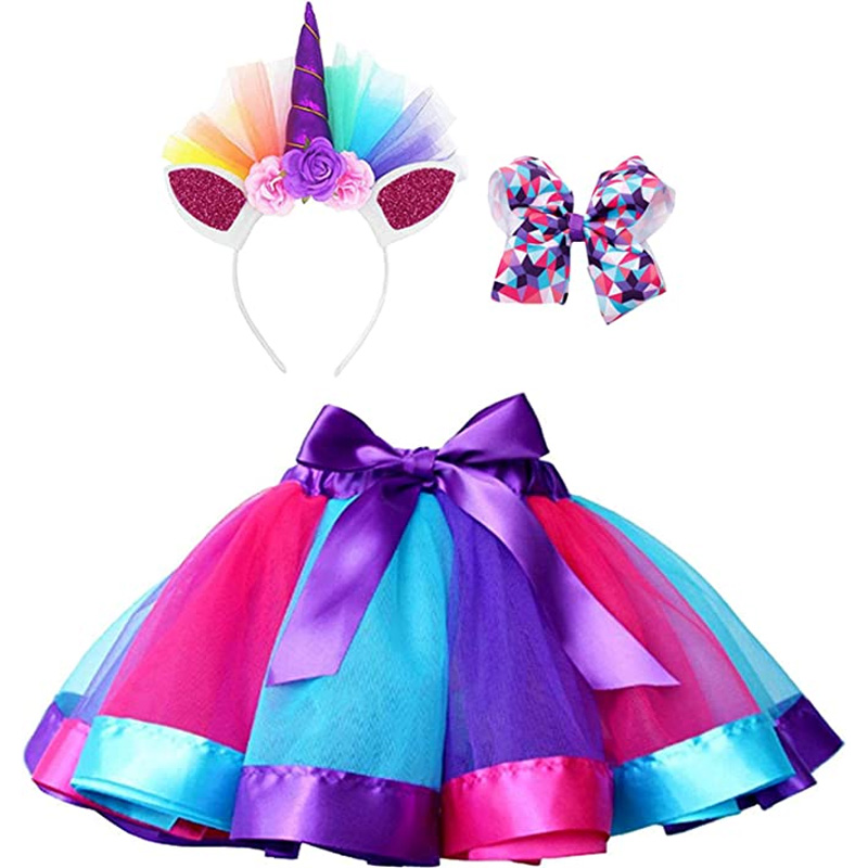 Girls Rainbow Tutu Skirt with Unicorn Headband and Hair