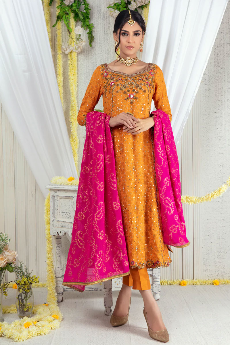 Yellow Embroidered mehndi dress for girls