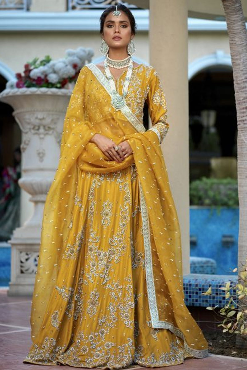 Yellow Embroidered mehndi dresses for girl